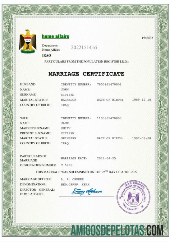 Realista modelo Word e PDF de certidão de casamento no Iraque